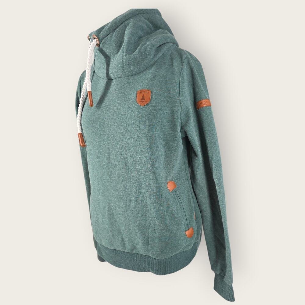 Wanakome Pullover Hoodie Green Cowl Neck Leather Patch Drawstring Women's Sz XL - Picture 4 of 10